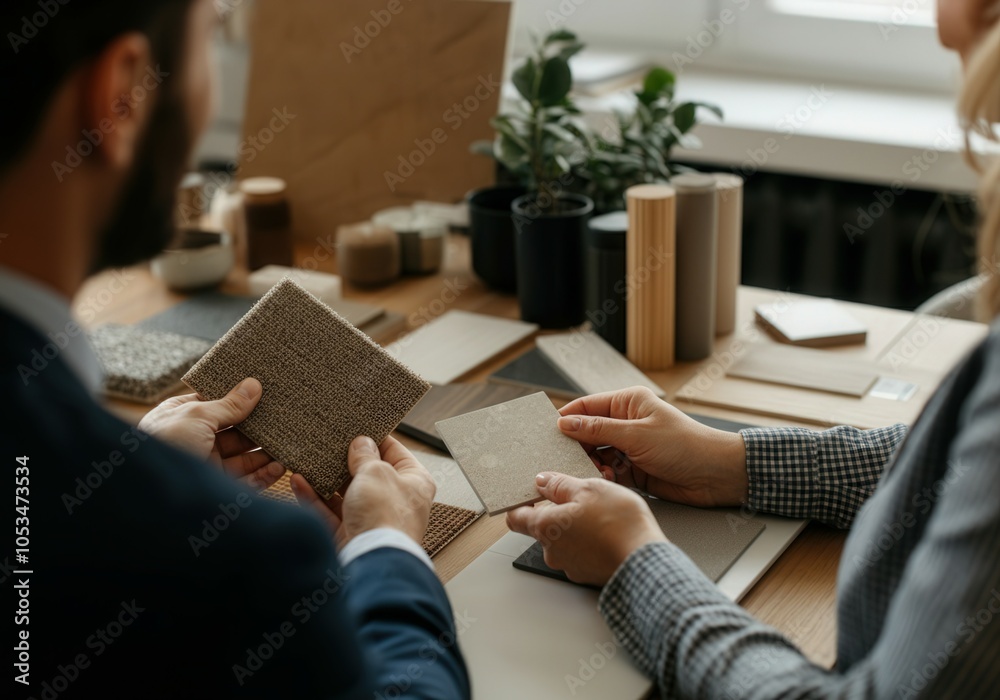 Interior designer showing fabric and material samples to customer in a showroom, discussing design choices for a renovation project