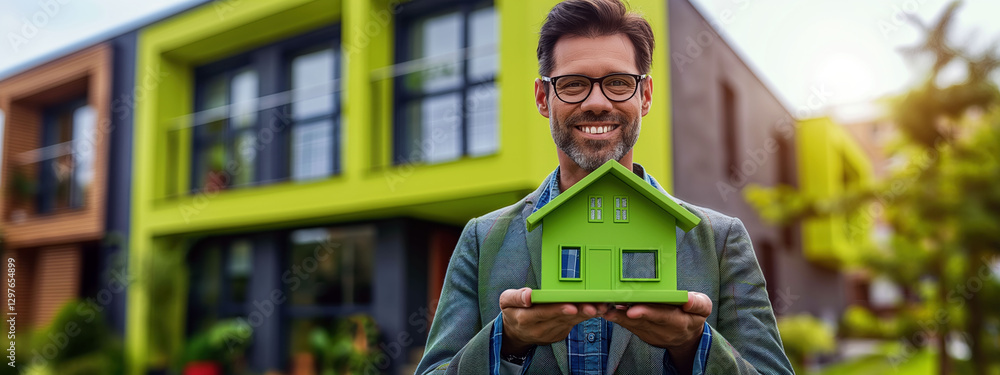 Real estate agent showcases bright green house model in front of suburban home during sunny day